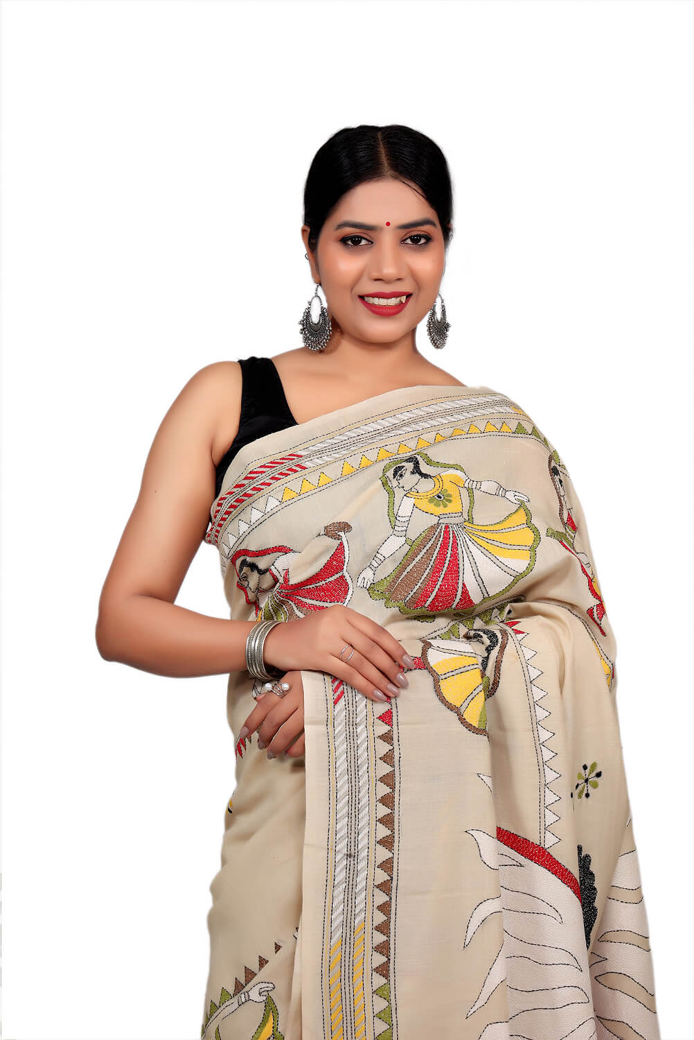 Beige Chanderi Silk Kantha Work Saree