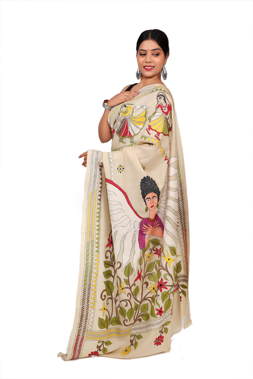 Beige Chanderi Silk Kantha Work Saree