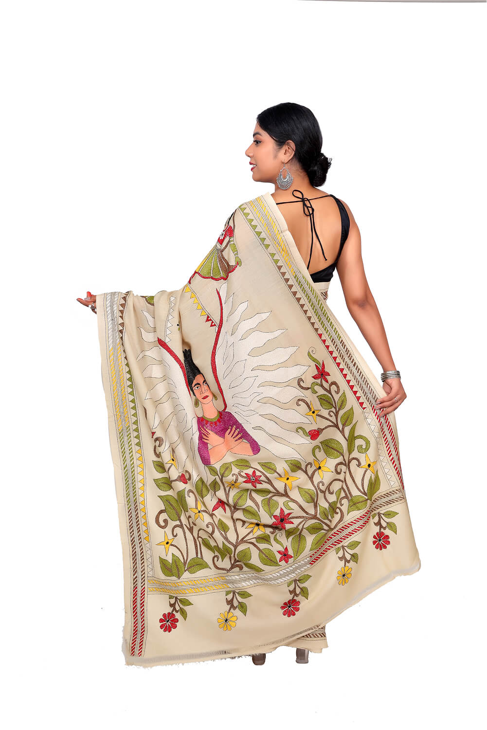 Beige Chanderi Silk Kantha Work Saree