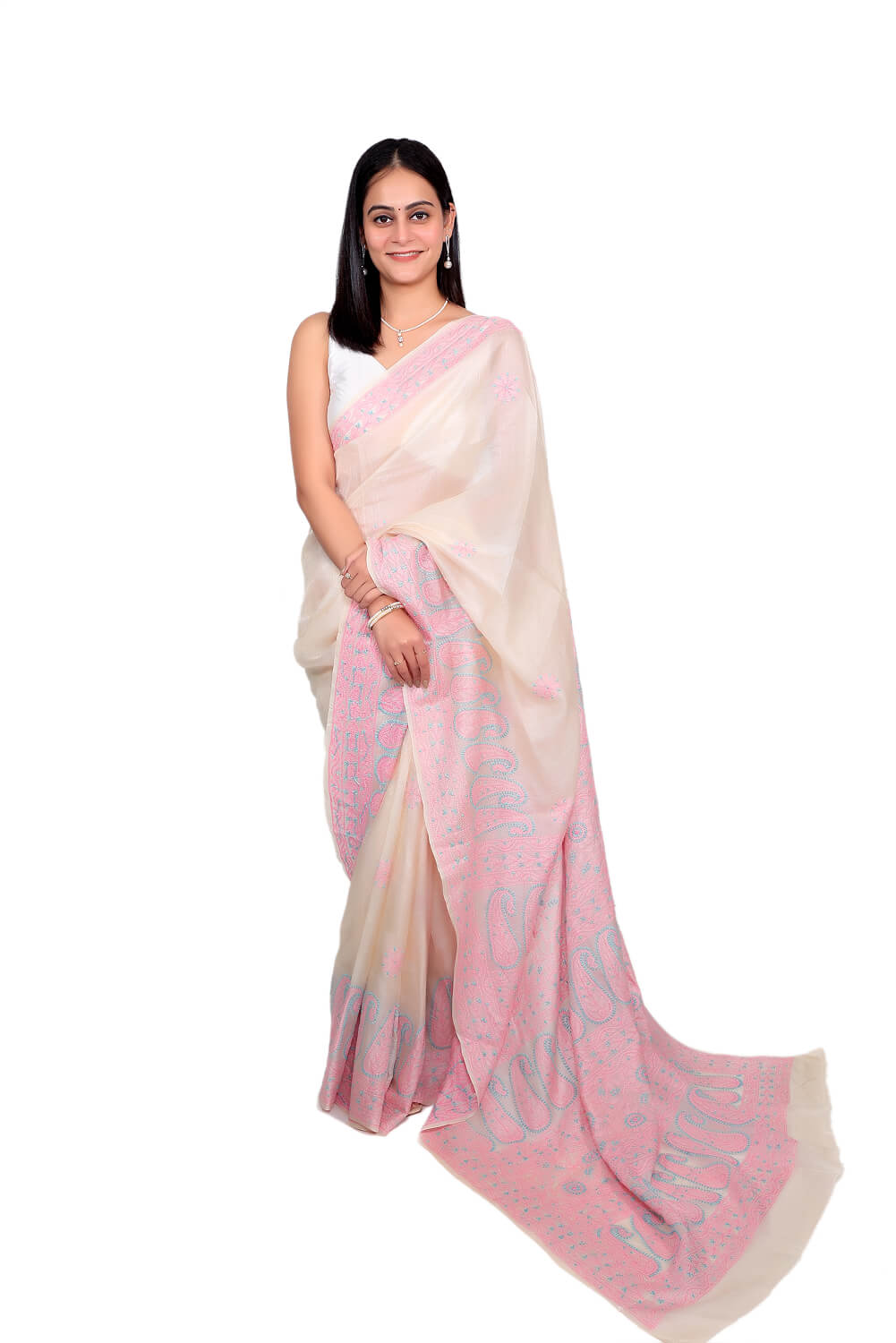 Ivory Chanderi Silk Saree with Pink Chikankari Embroidery