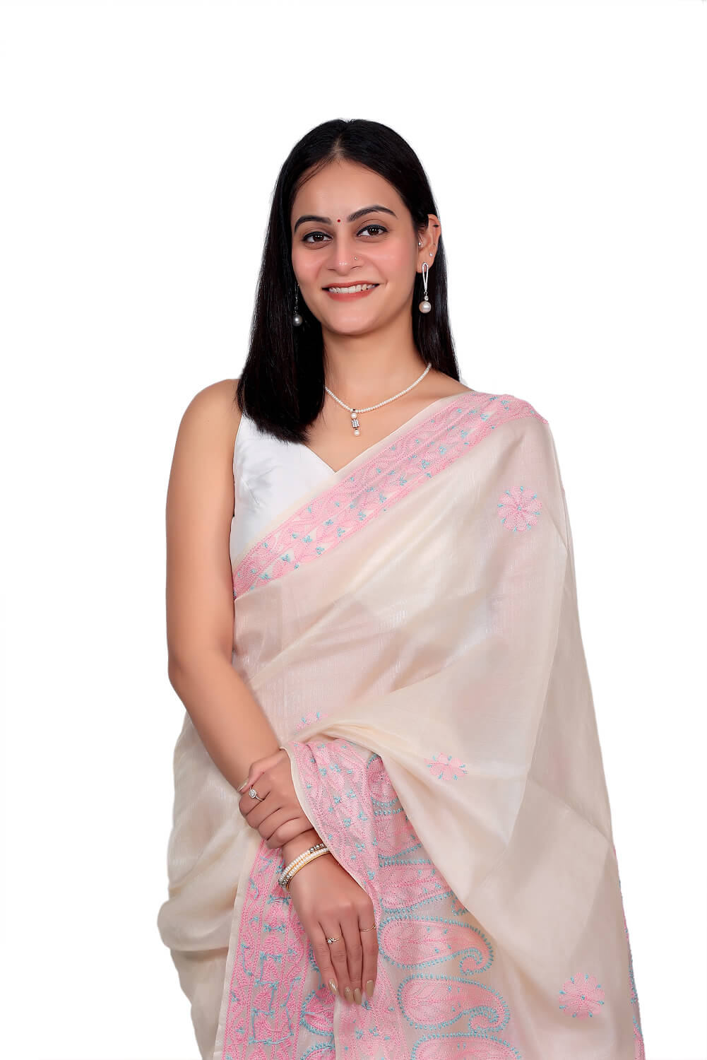 Ivory Chanderi Silk Saree with Pink Chikankari Embroidery