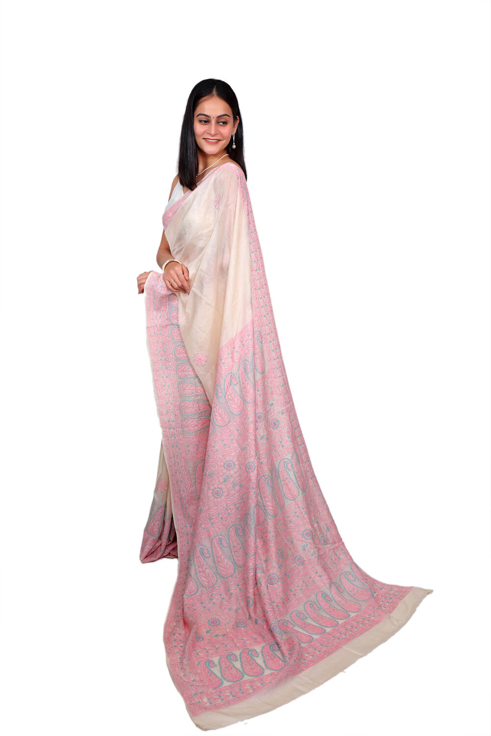 Ivory Chanderi Silk Saree with Pink Chikankari Embroidery