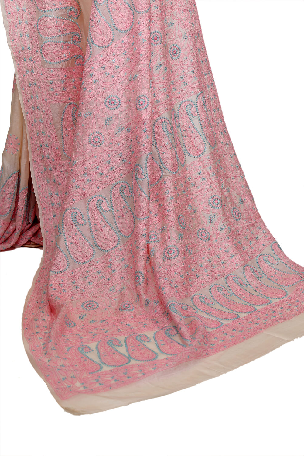 Ivory Chanderi Silk Saree with Pink Chikankari Embroidery