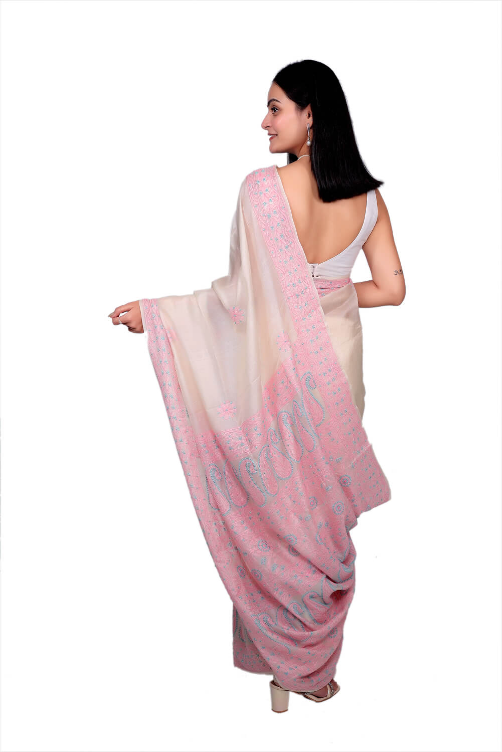 Ivory Chanderi Silk Saree with Pink Chikankari Embroidery