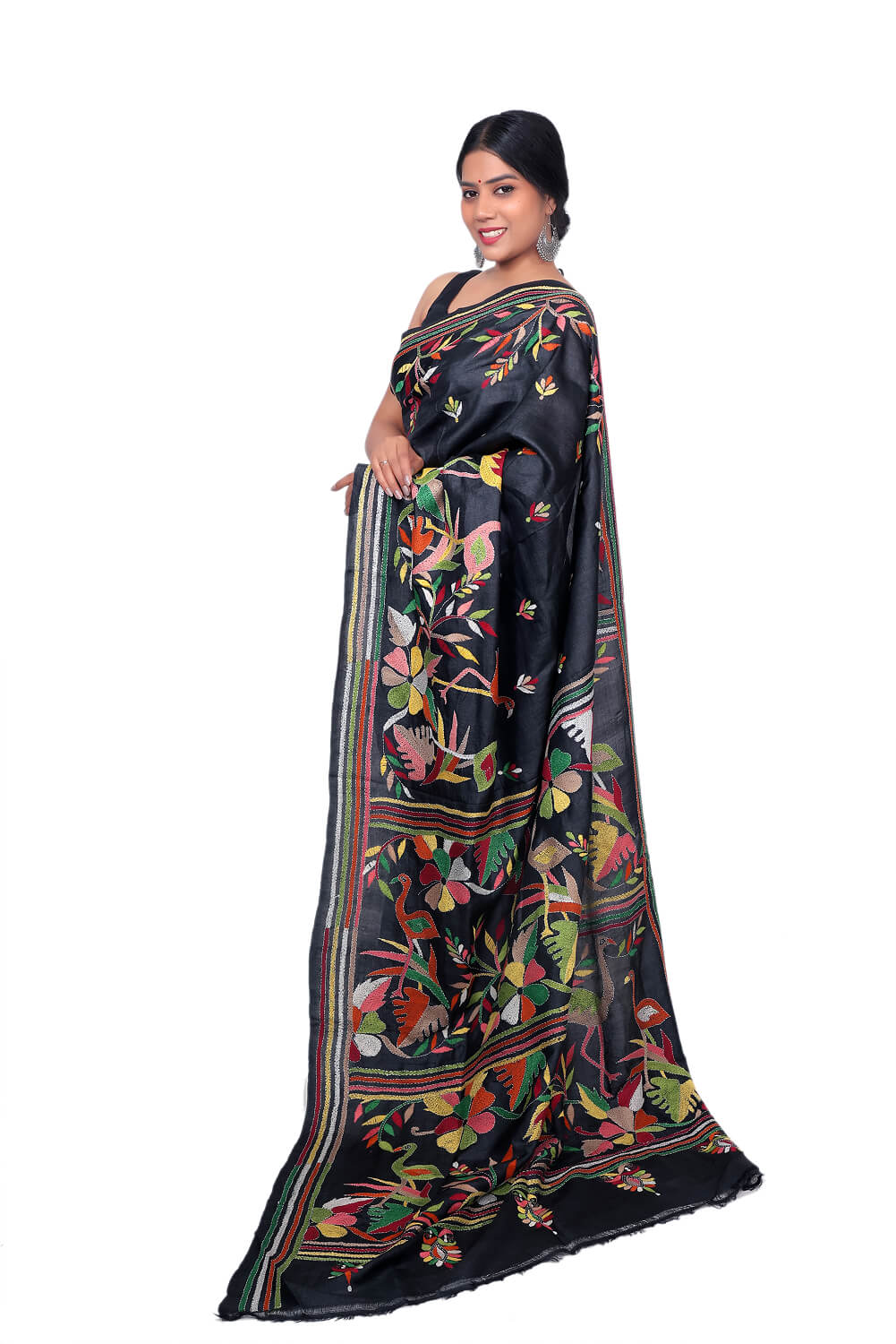 Black Katan Silk Saree with Multicolor Kantha Embroidery