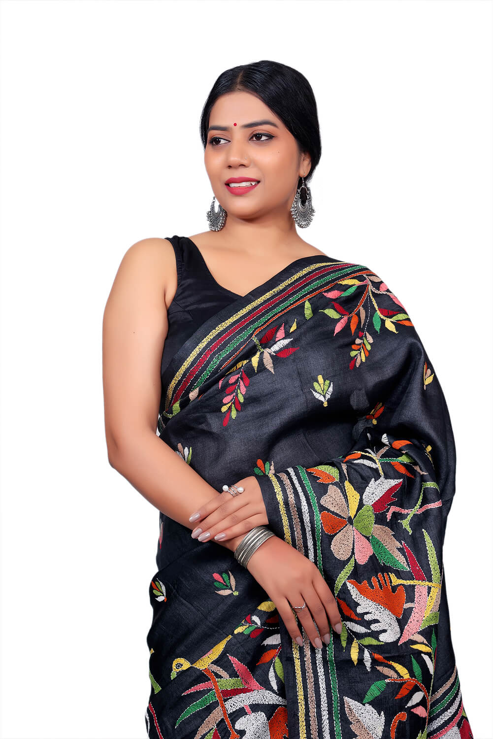 Black Katan Silk Saree with Multicolor Kantha Embroidery