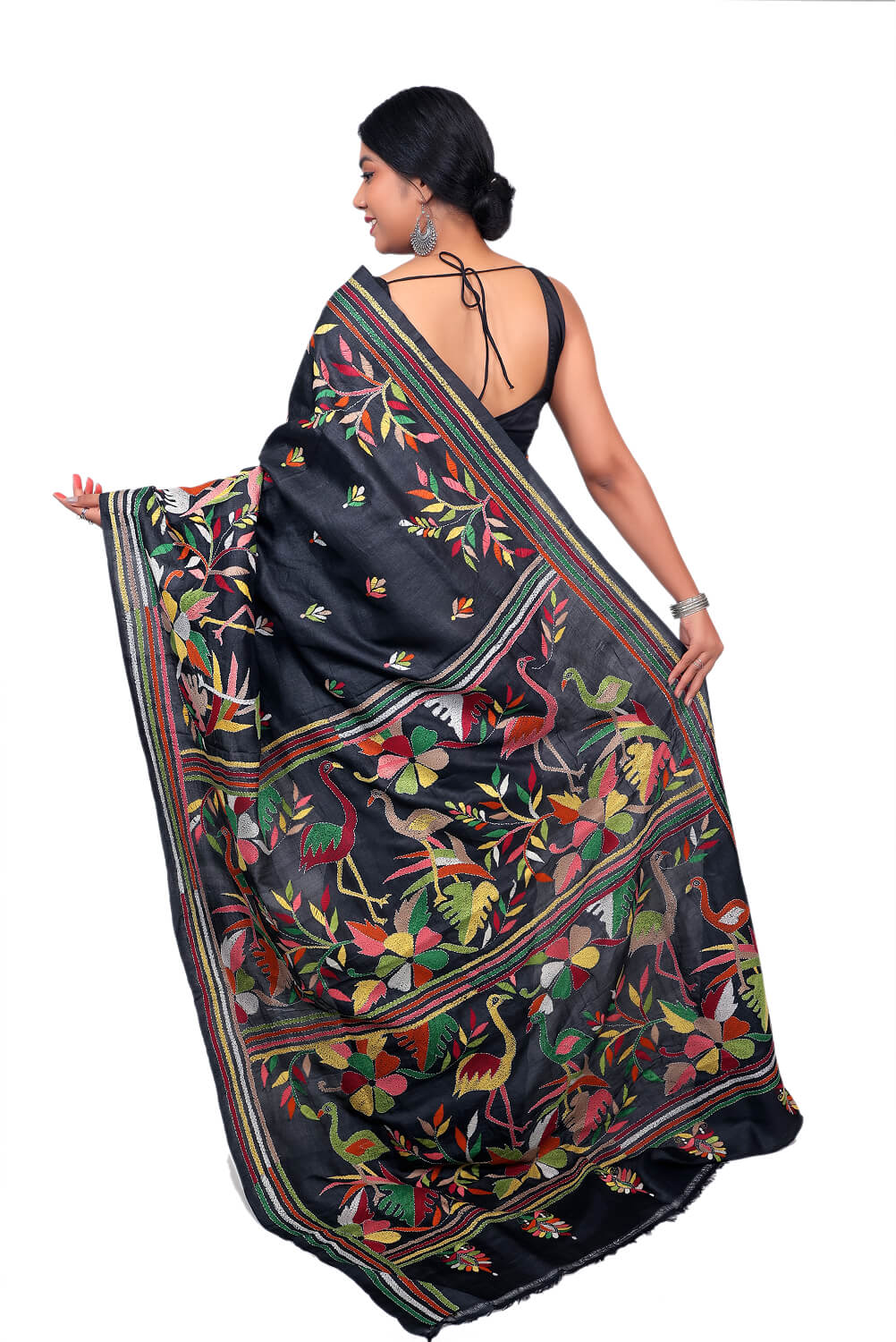 Black Katan Silk Saree with Multicolor Kantha Embroidery