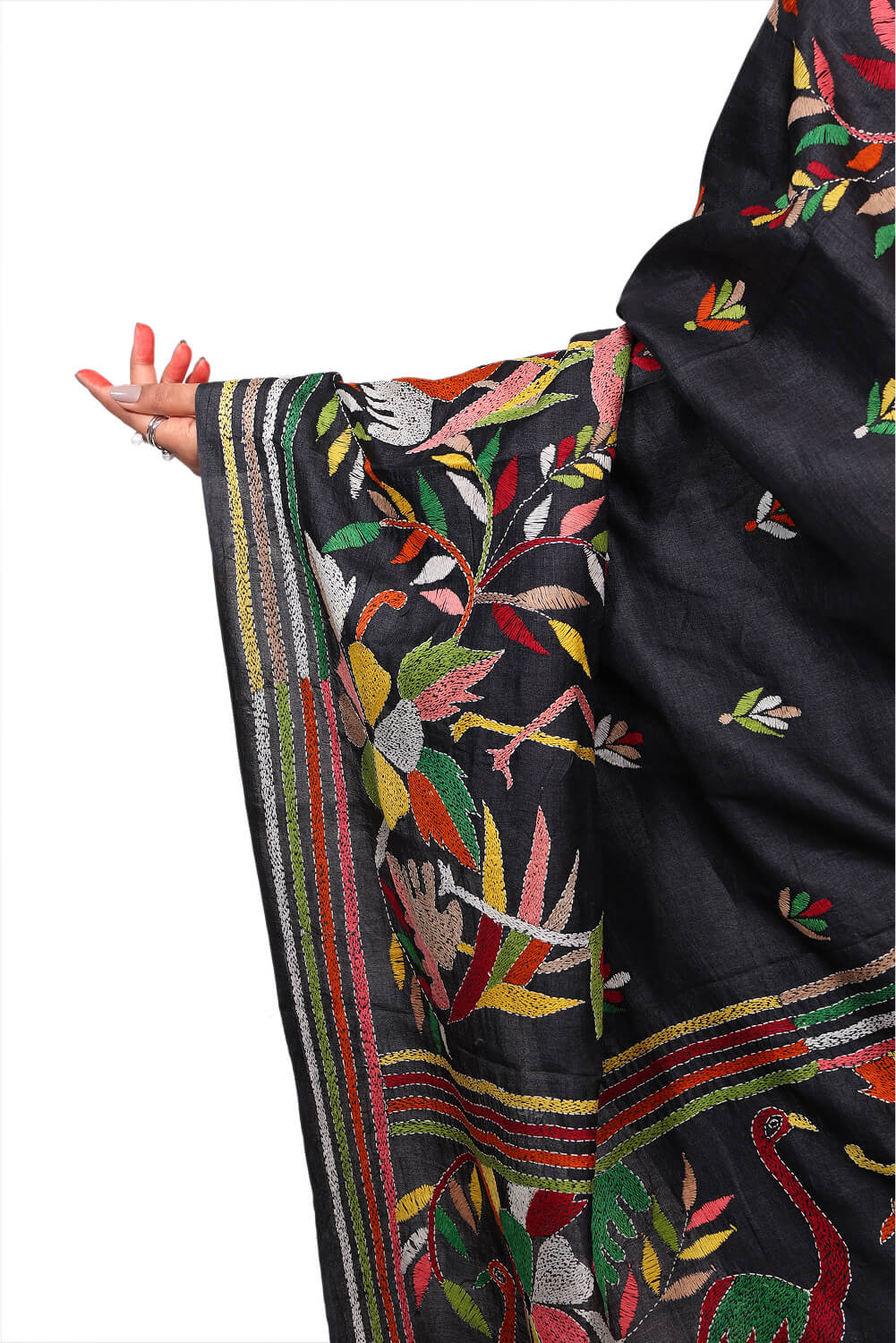 Black Katan Silk Saree with Multicolor Kantha Embroidery