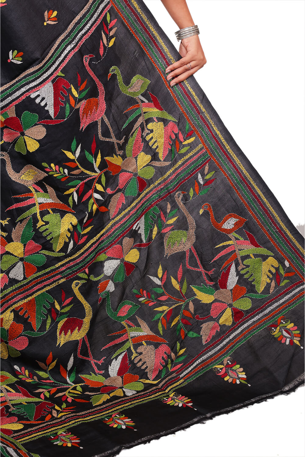 Black Katan Silk Saree with Multicolor Kantha Embroidery