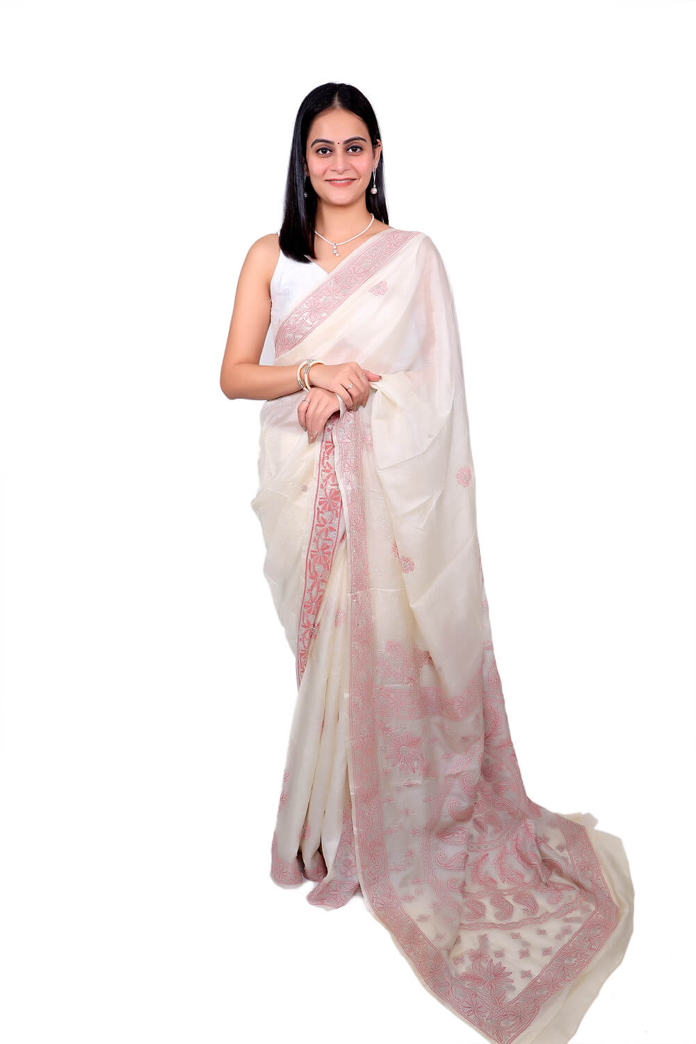 Ivory Chanderi Silk Saree with Rust Chikankari Embroidery