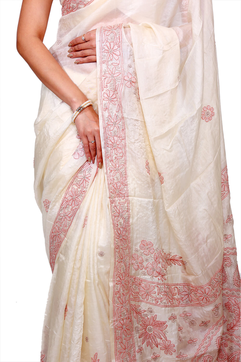 Ivory Chanderi Silk Saree with Rust Chikankari Embroidery