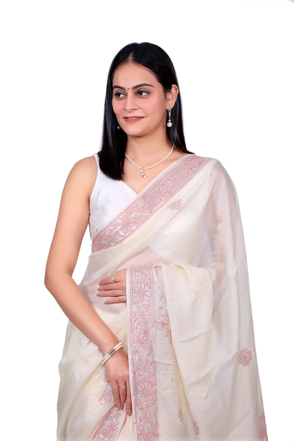 Ivory Chanderi Silk Saree with Rust Chikankari Embroidery