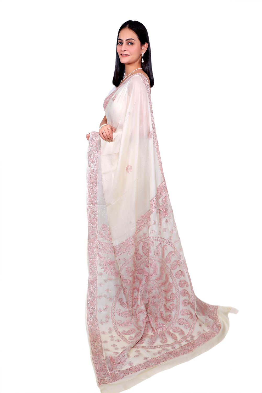 Ivory Chanderi Silk Saree with Rust Chikankari Embroidery