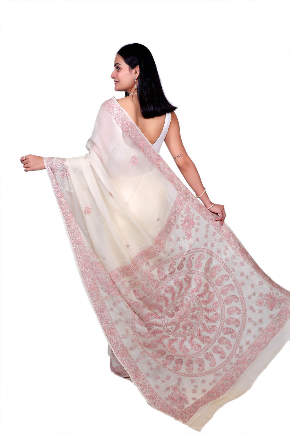 Ivory Chanderi Silk Saree with Rust Chikankari Embroidery