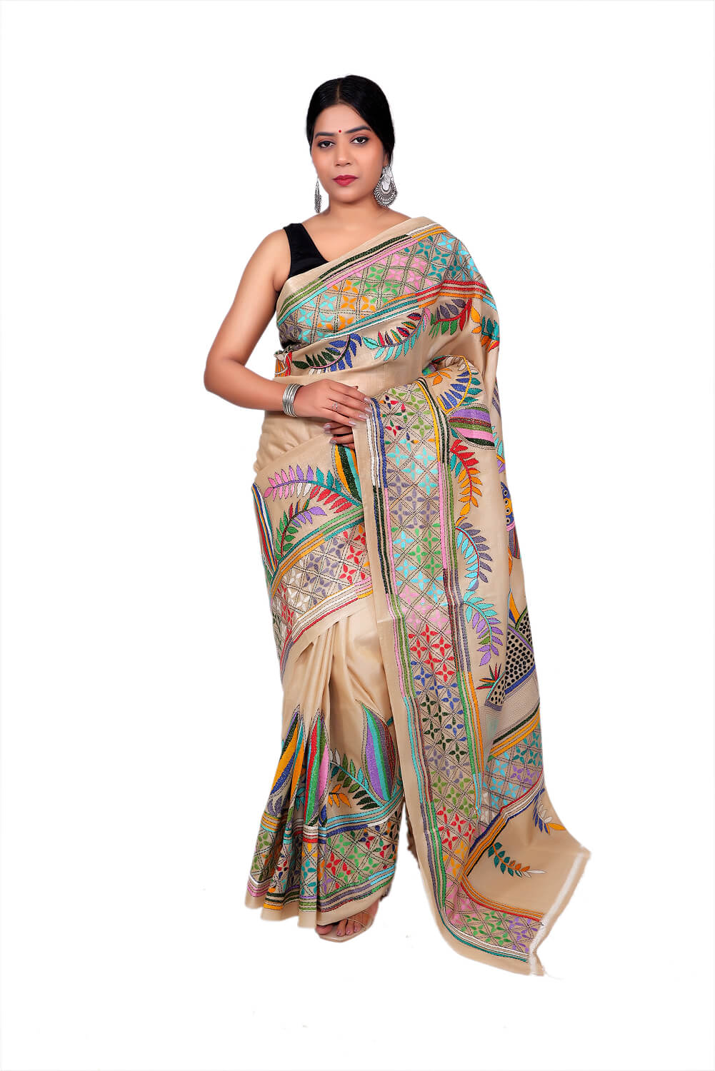 Beige Kaatan Silk Saree with Multicolor Kantha Stitch Embroidery