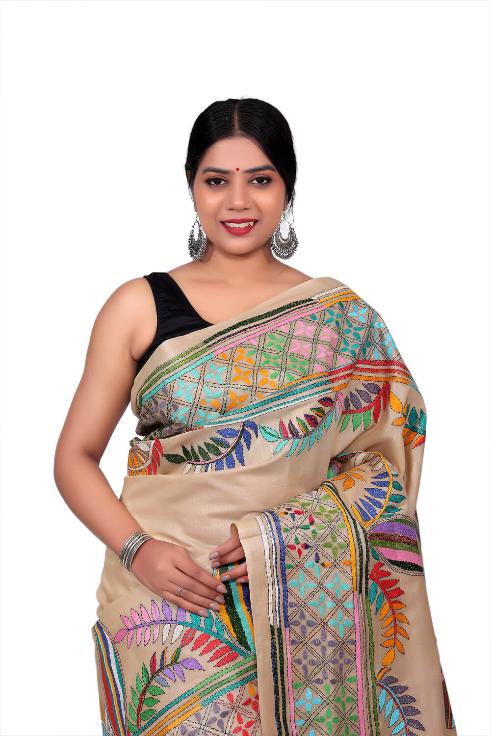 Beige Kaatan Silk Saree with Multicolor Kantha Stitch Embroidery