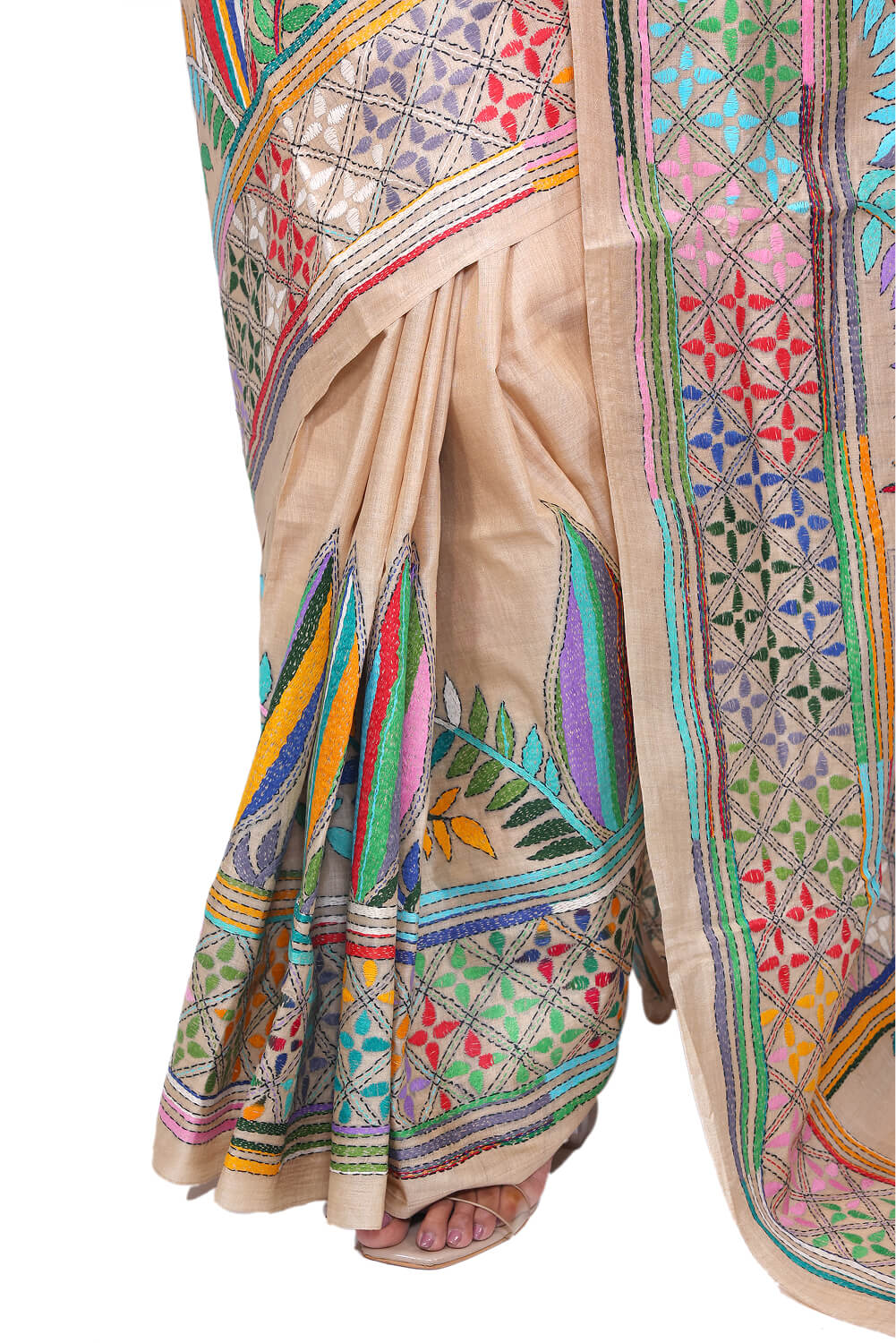 Beige Kaatan Silk Saree with Multicolor Kantha Stitch Embroidery