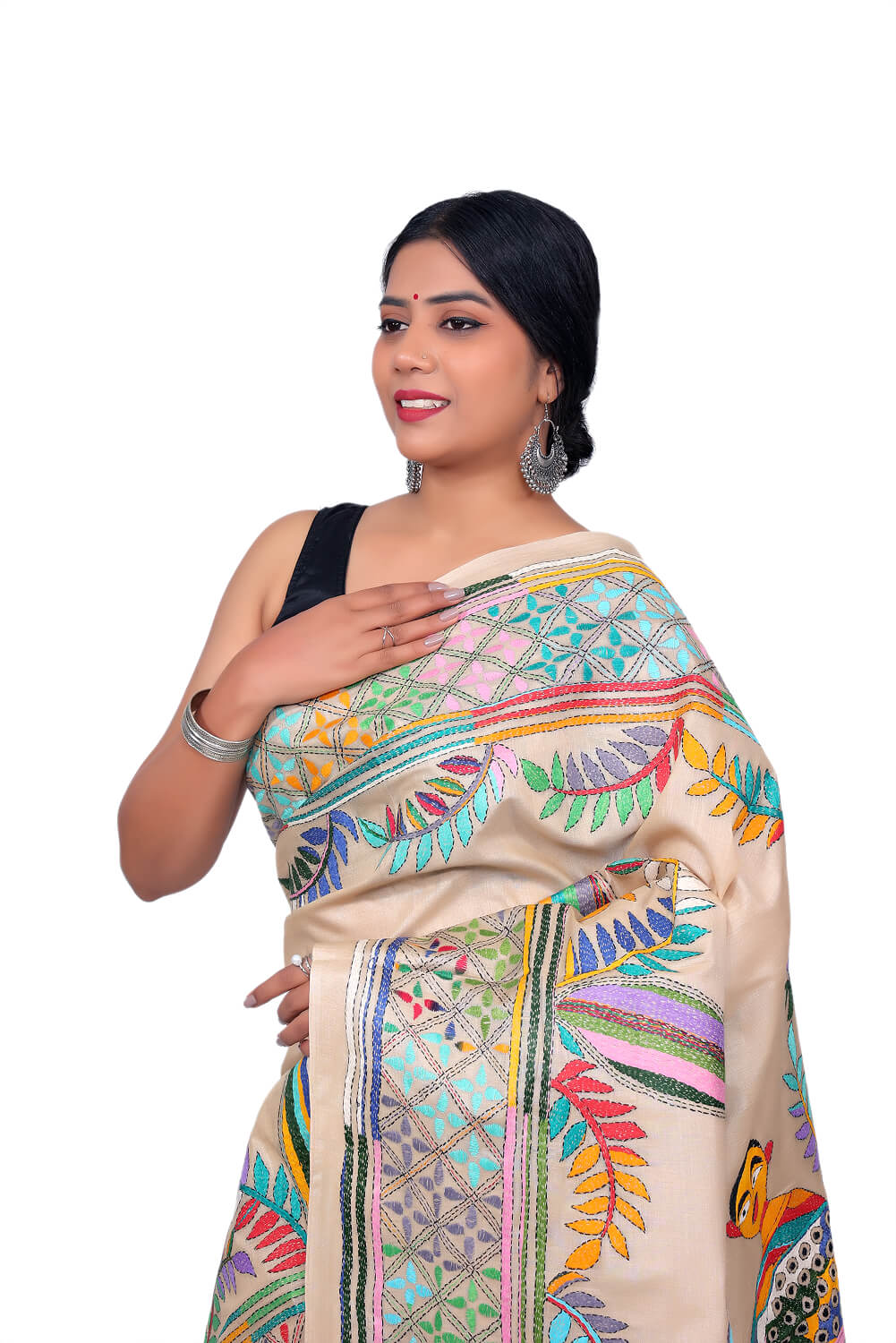 Beige Kaatan Silk Saree with Multicolor Kantha Stitch Embroidery