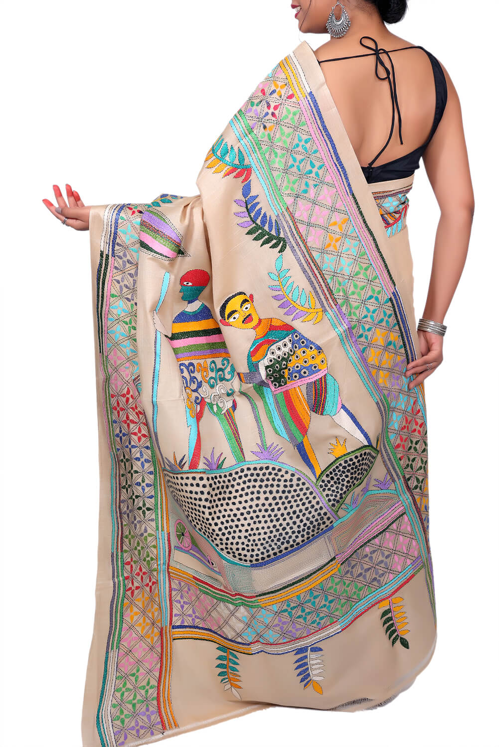 Beige Kaatan Silk Saree with Multicolor Kantha Stitch Embroidery