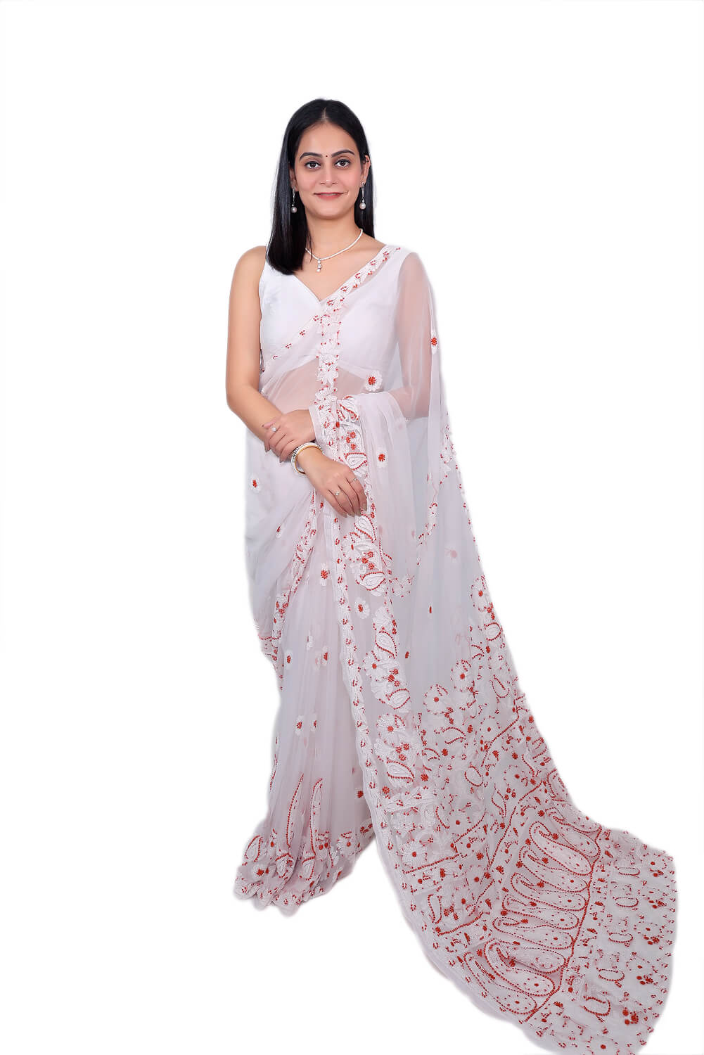 Elegant White & Rust Chikankari Embroidered Saree