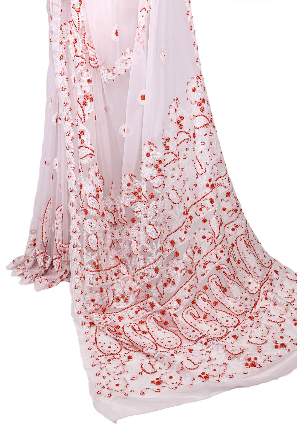 Elegant White & Rust Chikankari Embroidered Saree