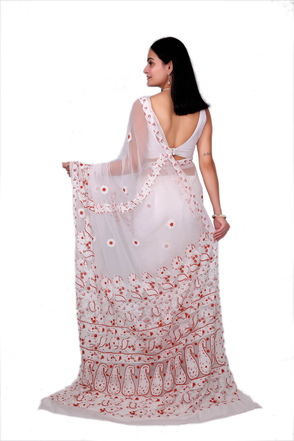 Elegant White & Rust Chikankari Embroidered Saree