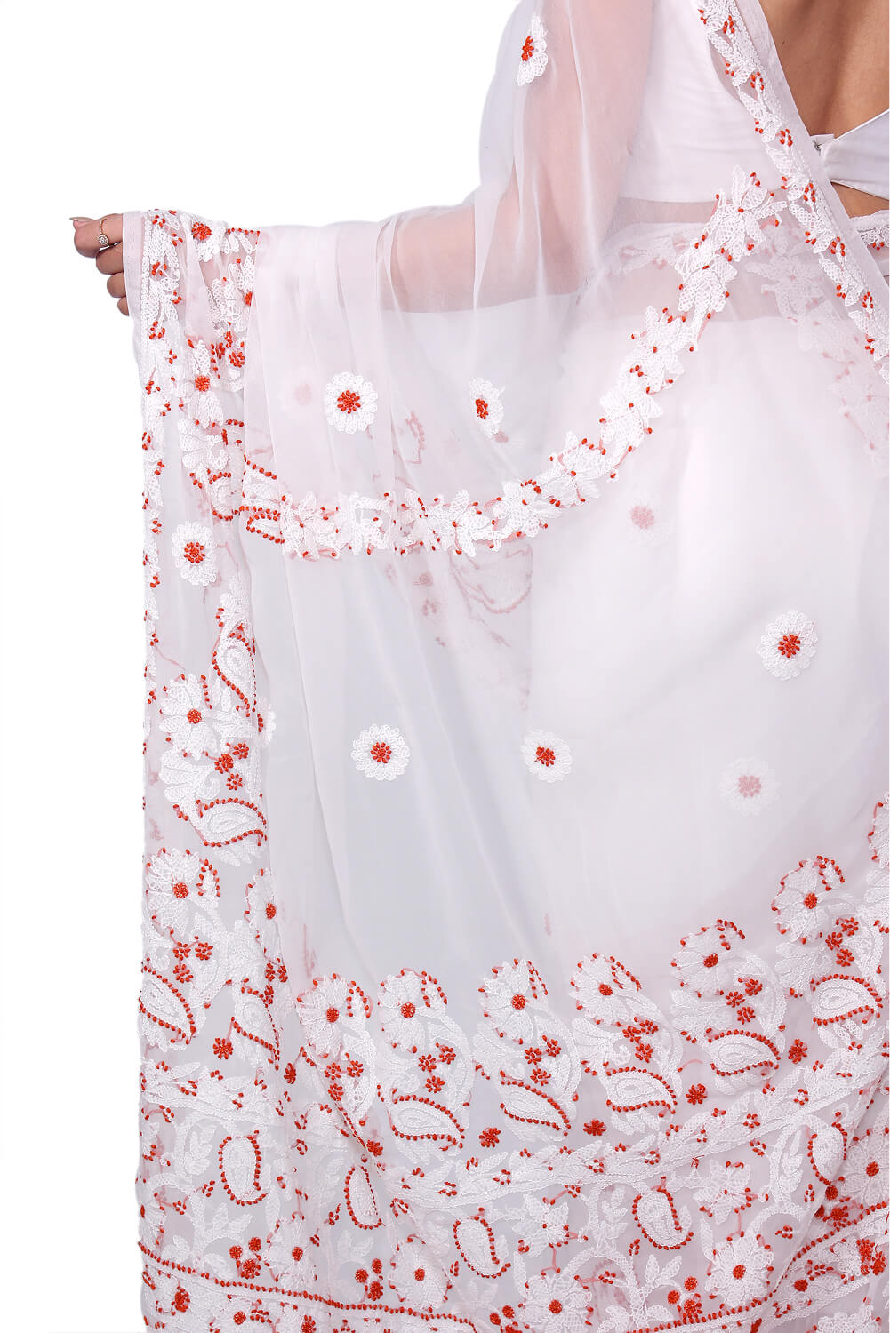 Elegant White & Rust Chikankari Embroidered Saree