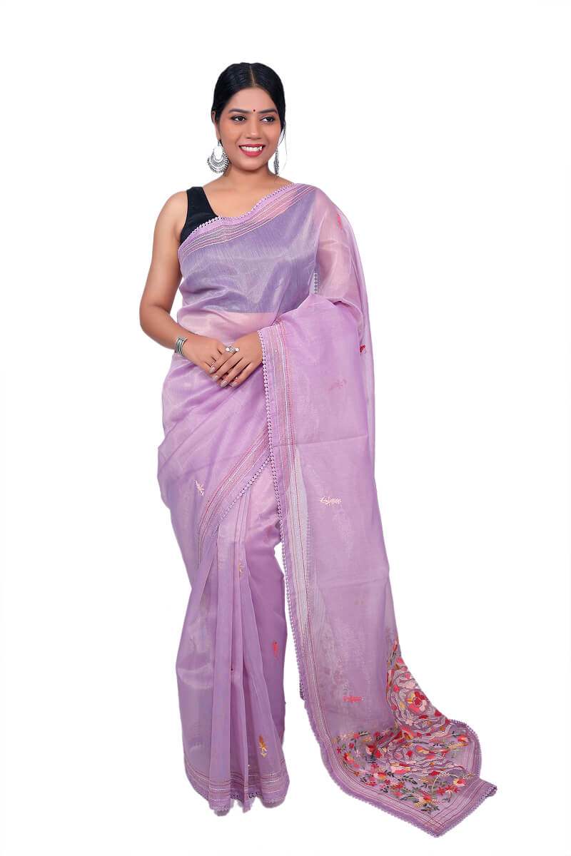 Lavender Semi-Organza Lambani Embroidery Saree