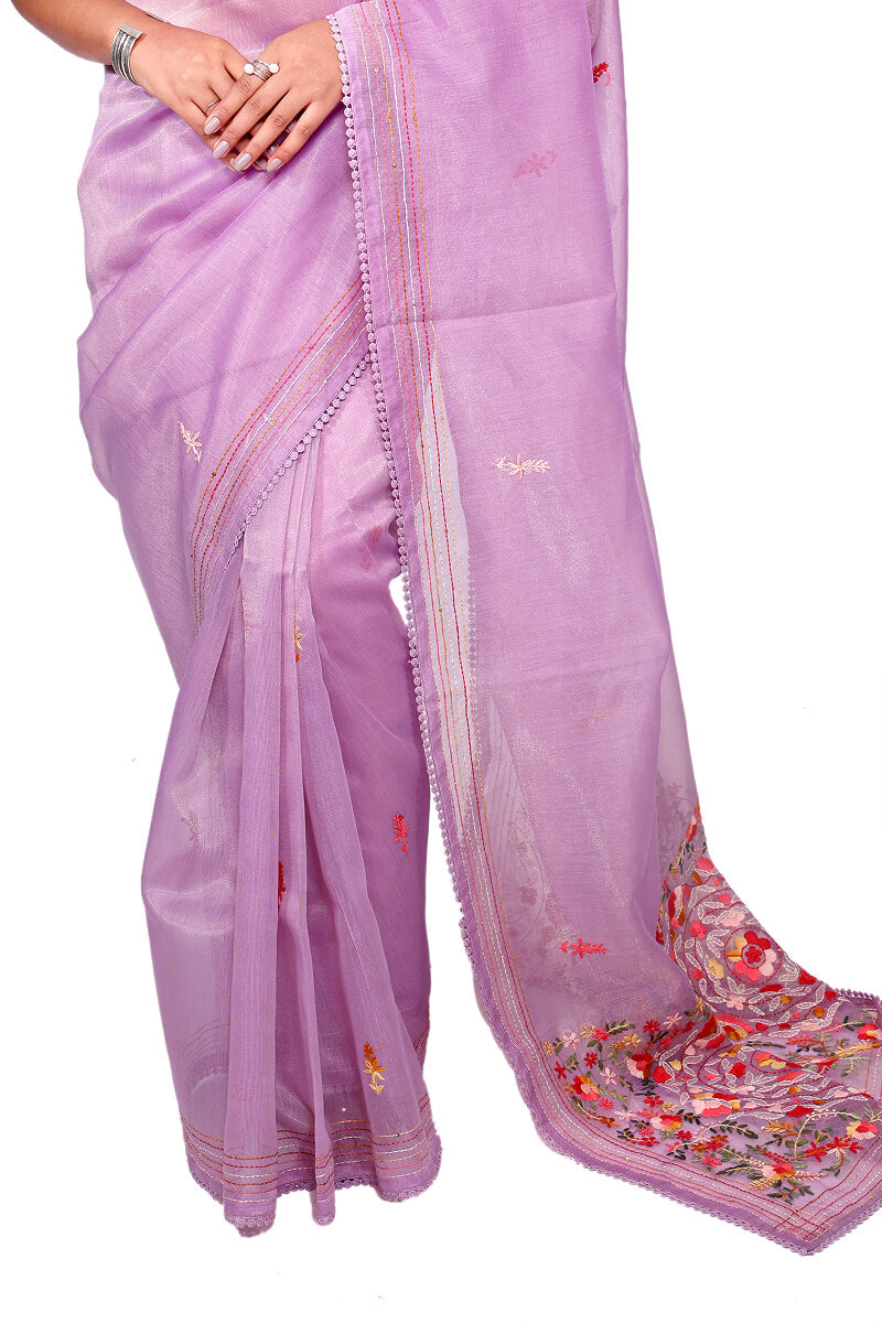 Lavender Semi-Organza Lambani Embroidery Saree