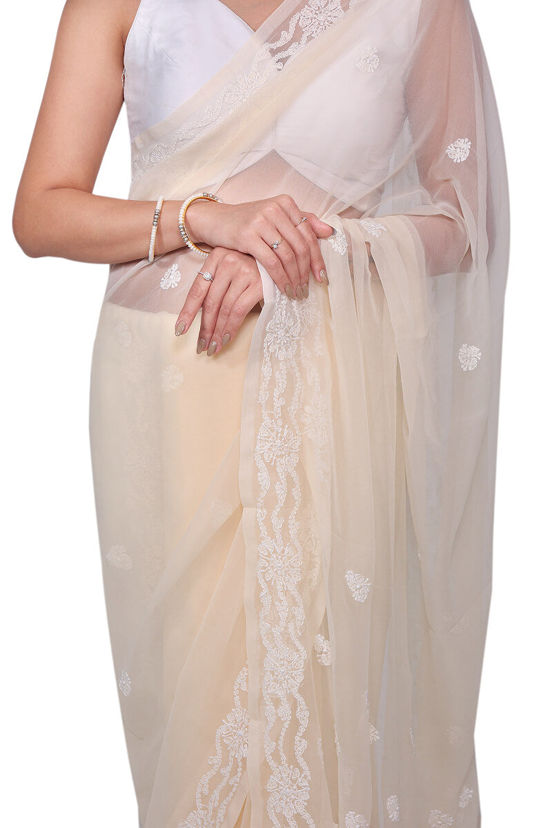 Beige Georgette Saree with Classic Chikankari Embroidery