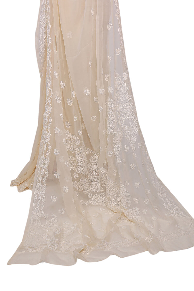 Beige Georgette Saree with Classic Chikankari Embroidery