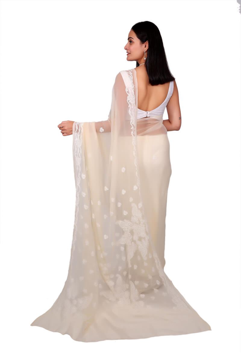 Beige Georgette Saree with Classic Chikankari Embroidery