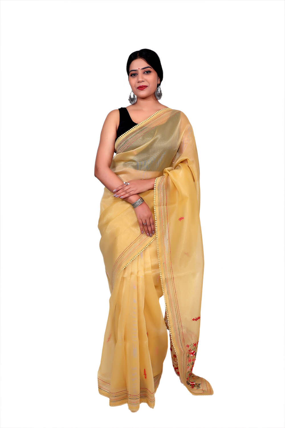 Mustard Yellow Semi-Organza Lambani Embroidery Saree