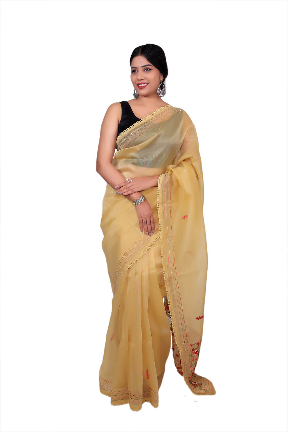 Mustard Yellow Semi-Organza Lambani Embroidery Saree