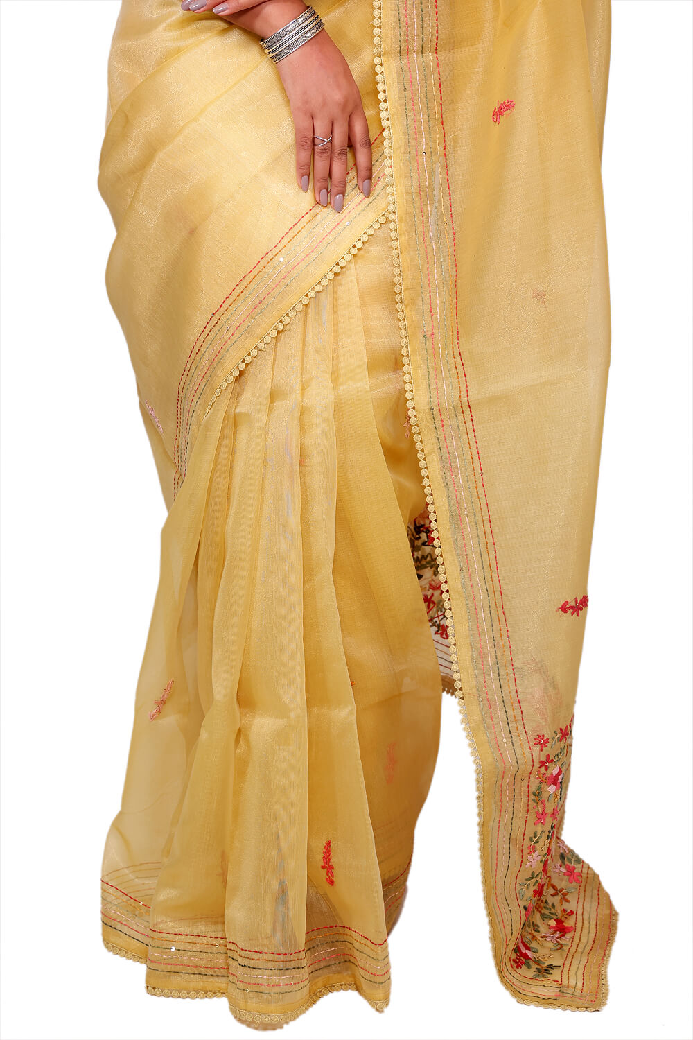 Mustard Yellow Semi-Organza Lambani Embroidery Saree