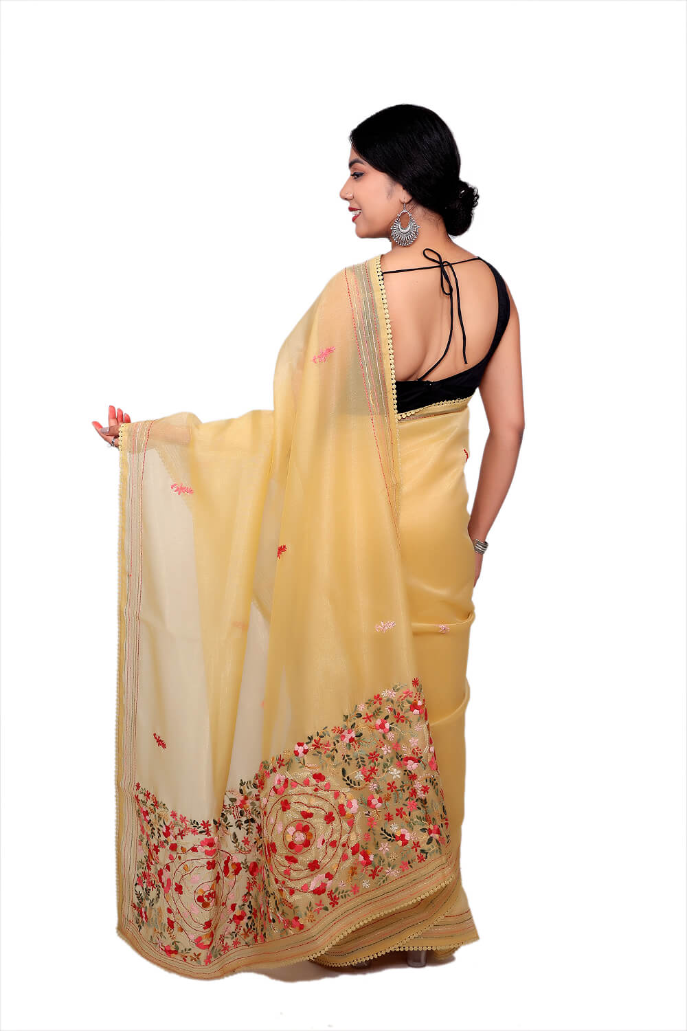 Mustard Yellow Semi-Organza Lambani Embroidery Saree