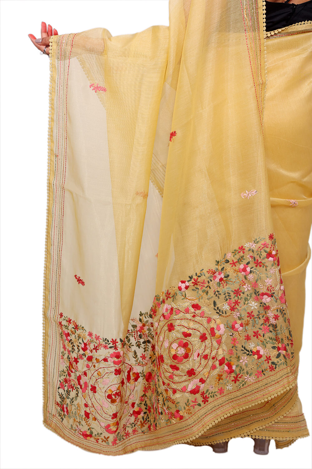 Mustard Yellow Semi-Organza Lambani Embroidery Saree
