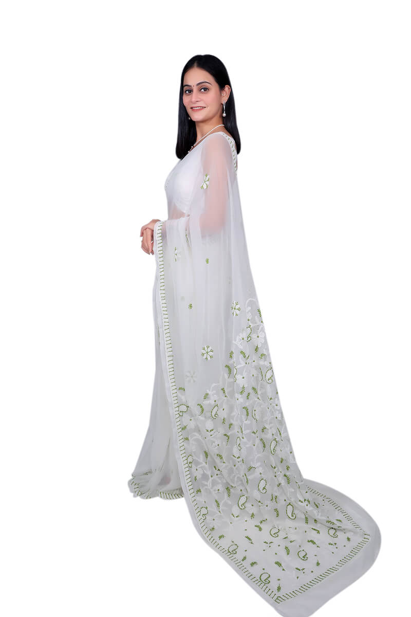 Elegant White & Green Chikankari Embroidered Saree