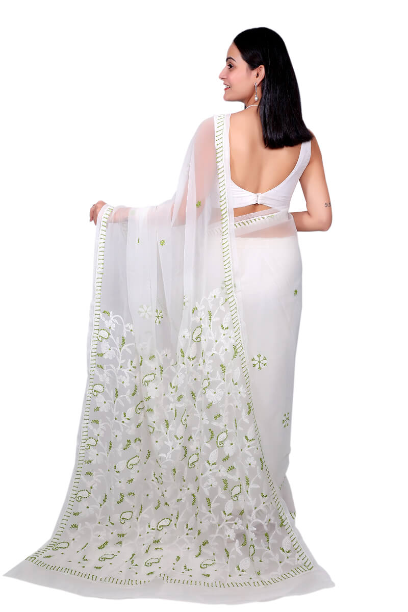 Elegant White & Green Chikankari Embroidered Saree