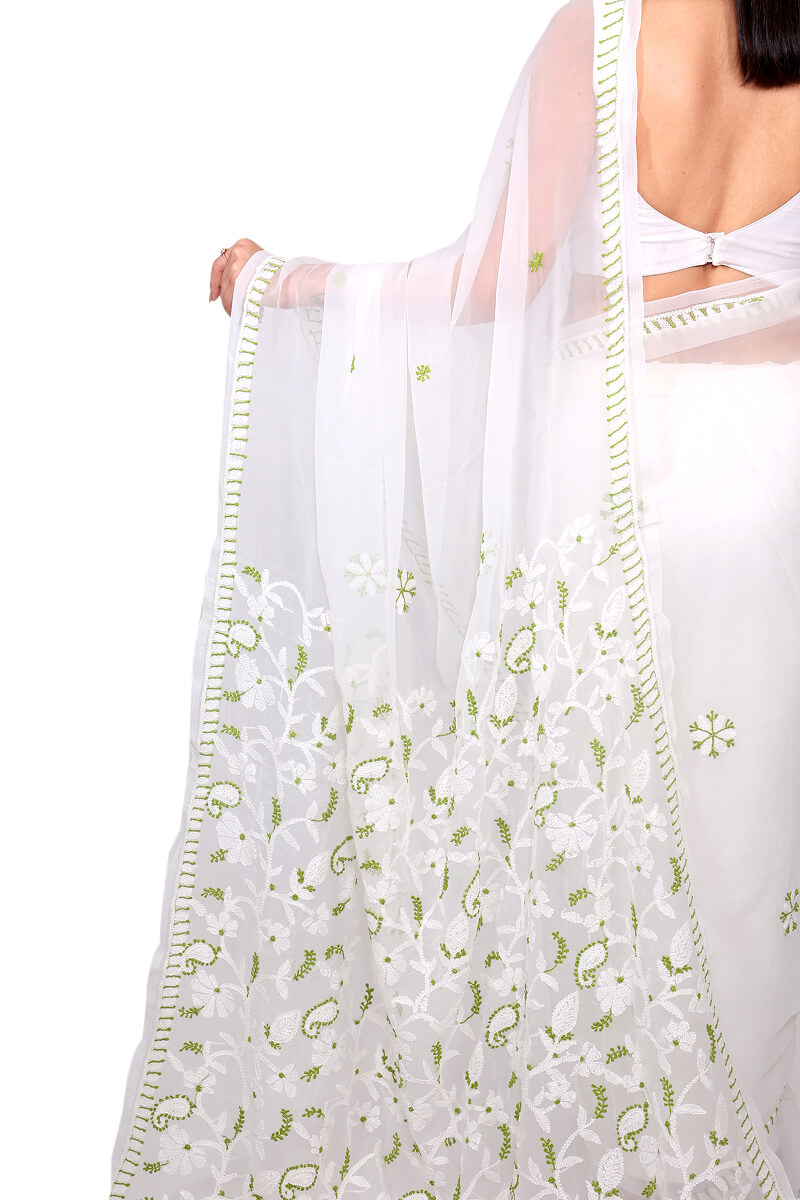 Elegant White & Green Chikankari Embroidered Saree