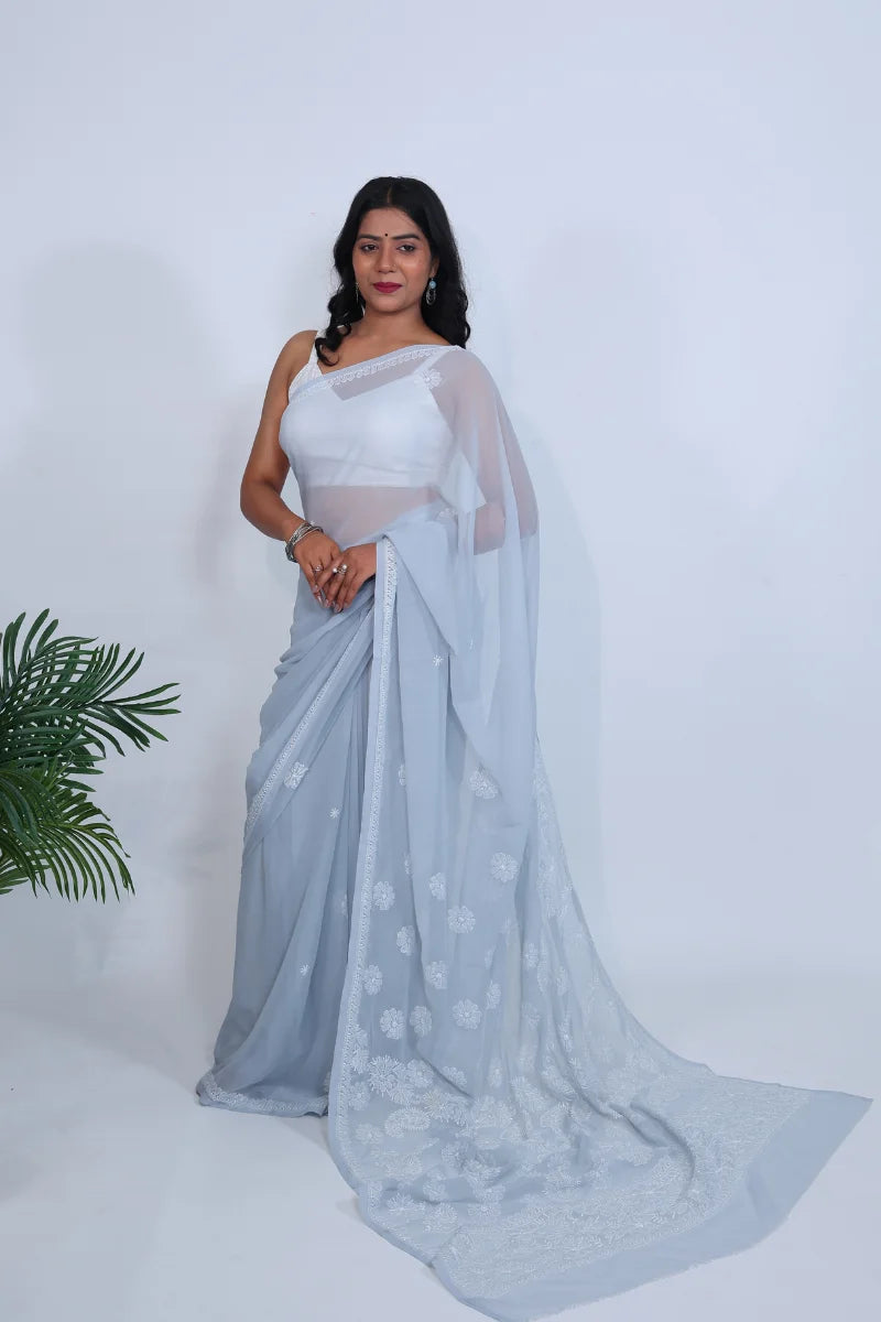 Grey Georgette Saree with Classic Chikankari Embroidery