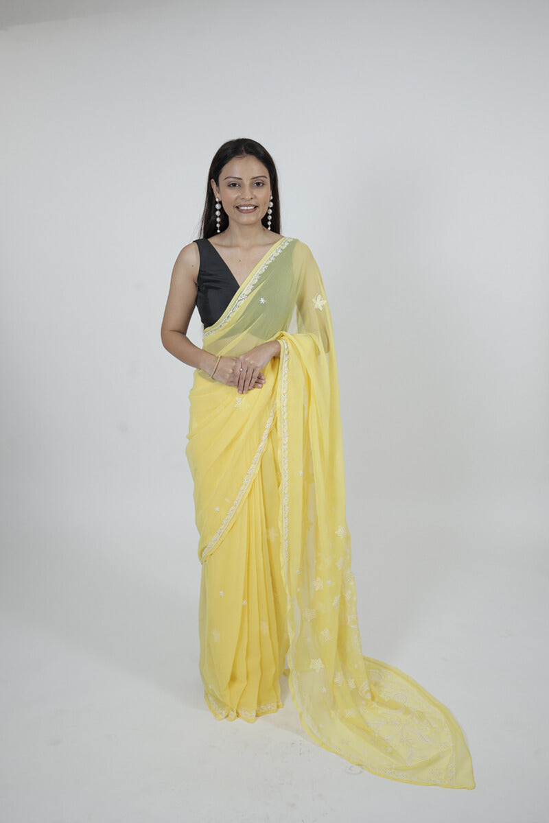 Yellow Georgette Saree with Pearl & Katdana Work