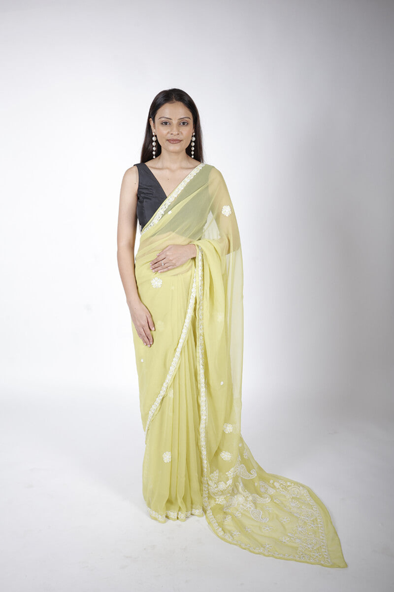 Mehndi Green Georgette Saree with Pearl & Katdana Work