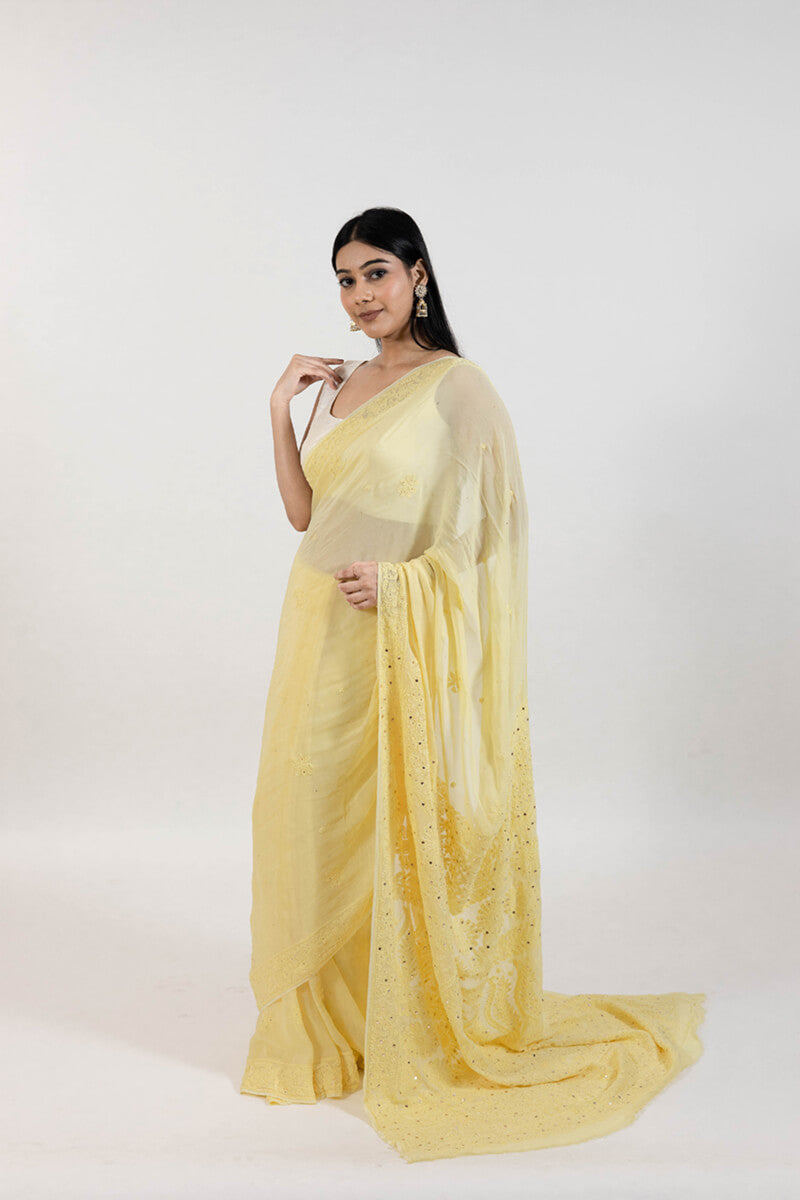 Yellow Georgette Saree with Mukesh Work & Resham Dhaga Embroidery