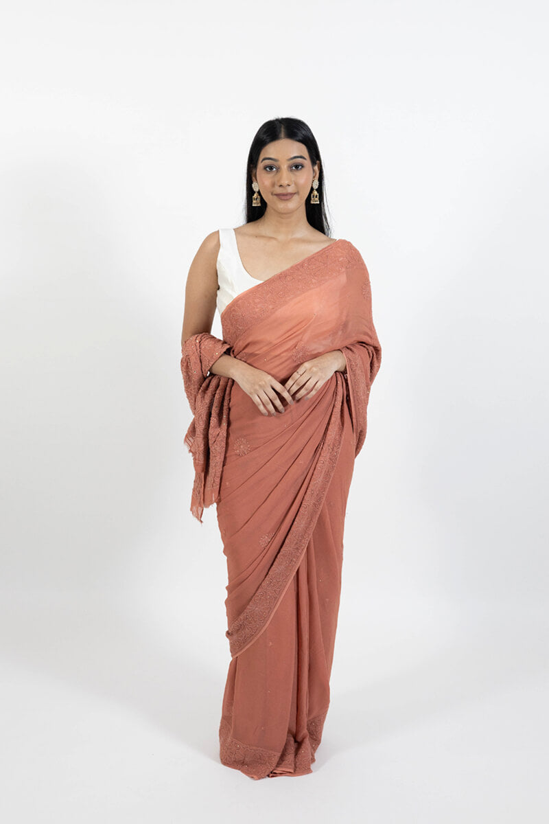 Rust Georgette Saree with Mukesh Work & Resham Dhaga Embroidery