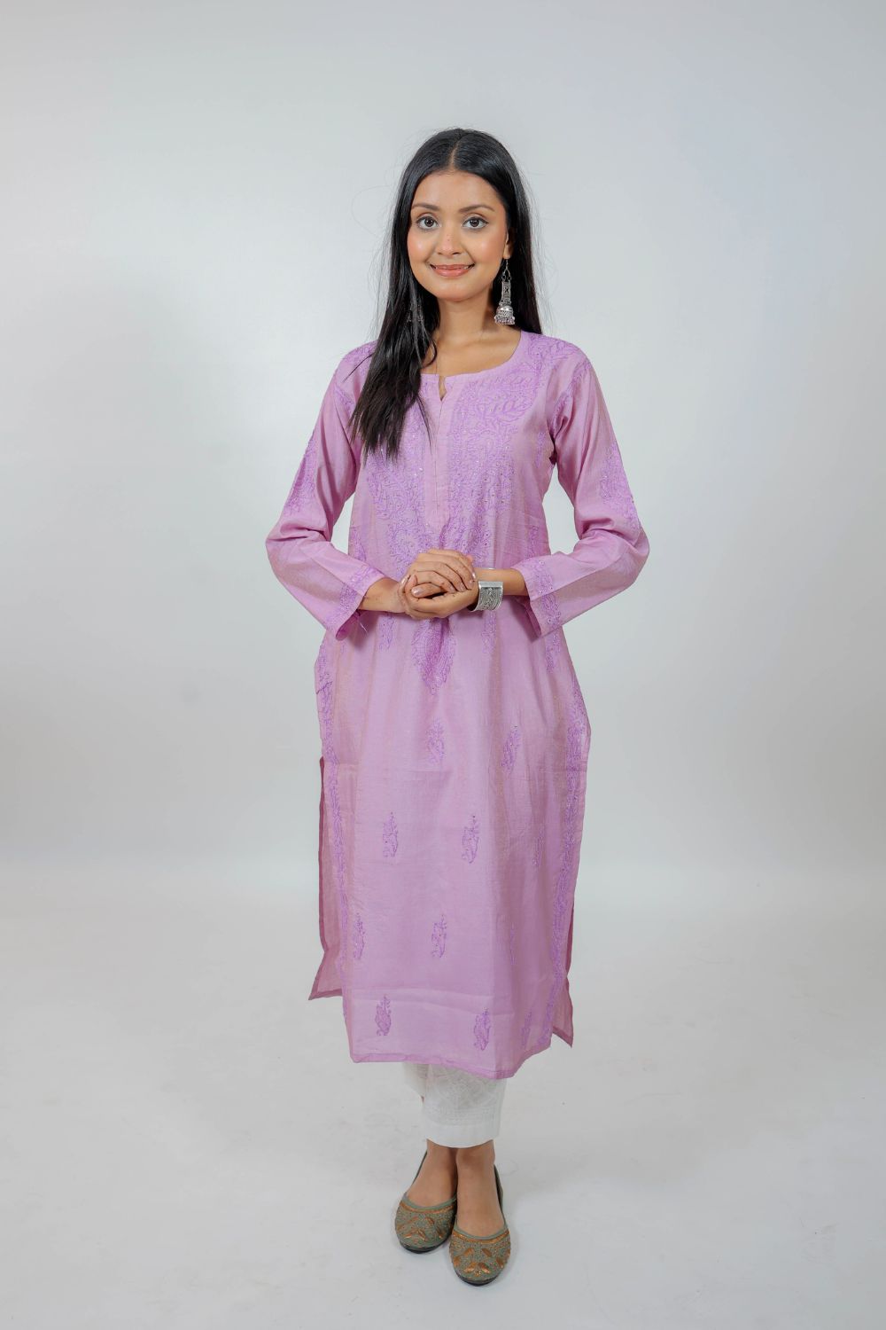 Light Violet Chanderi Silk Chikankari Kurti
