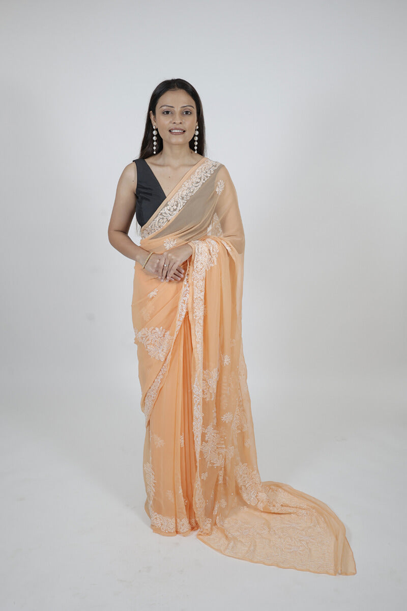Peach Chikankari Saree with Pearl & Katdana Work