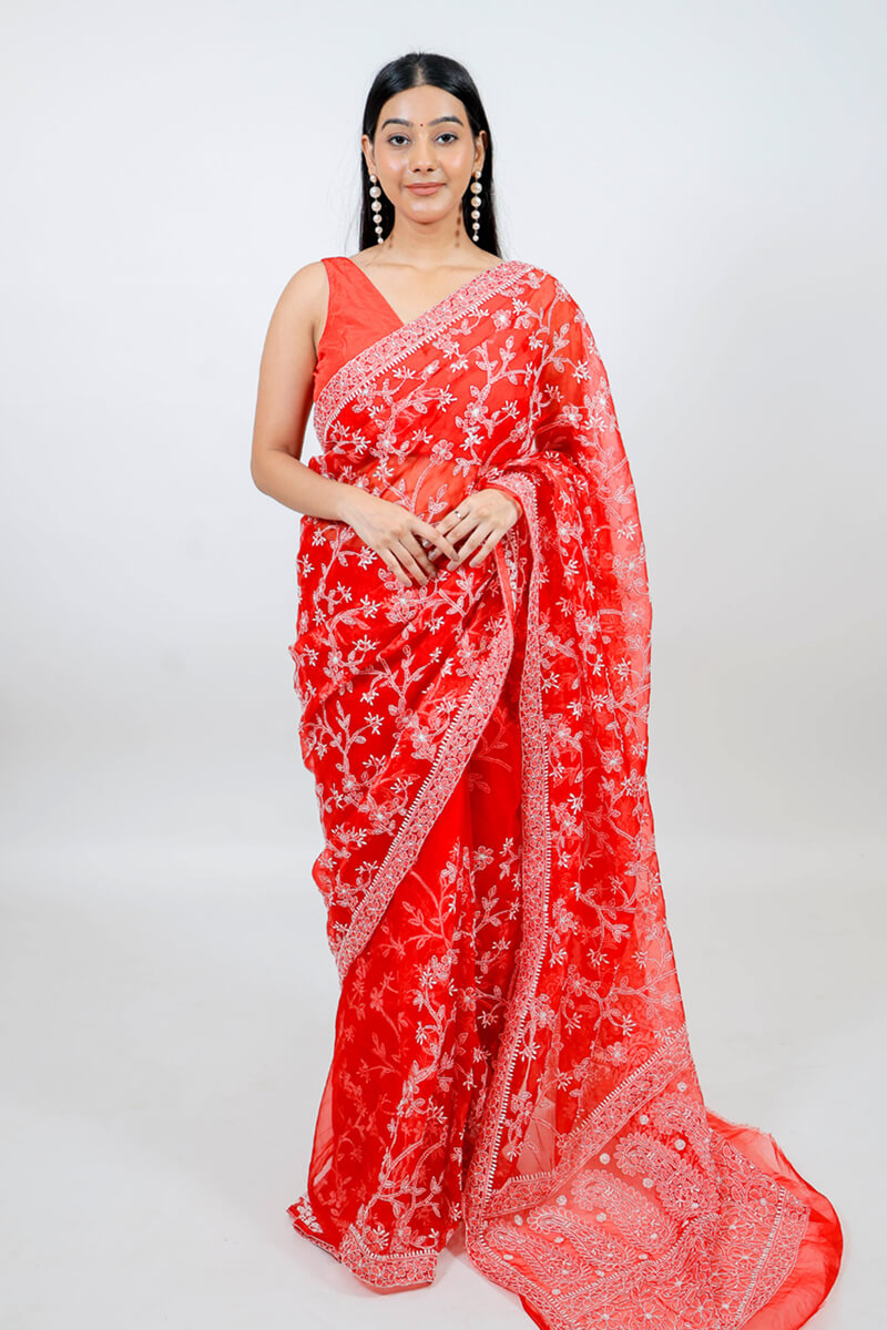 Red Organza Tissue Saree with Chikankari Embroidery