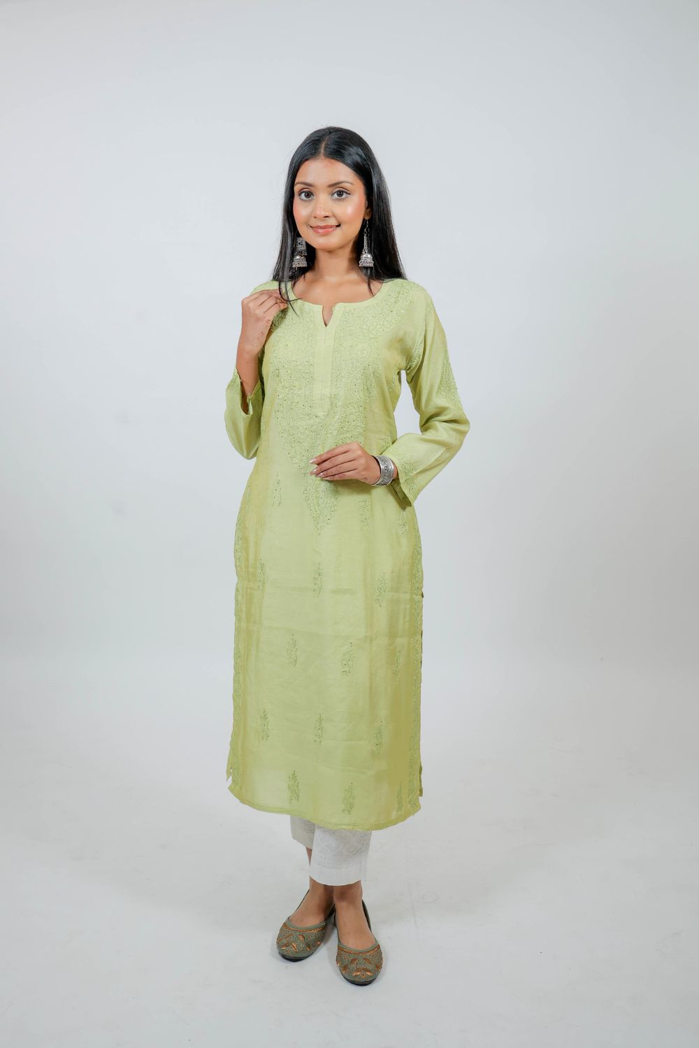 Parrot Green Chanderi Silk Chikankari Kurti