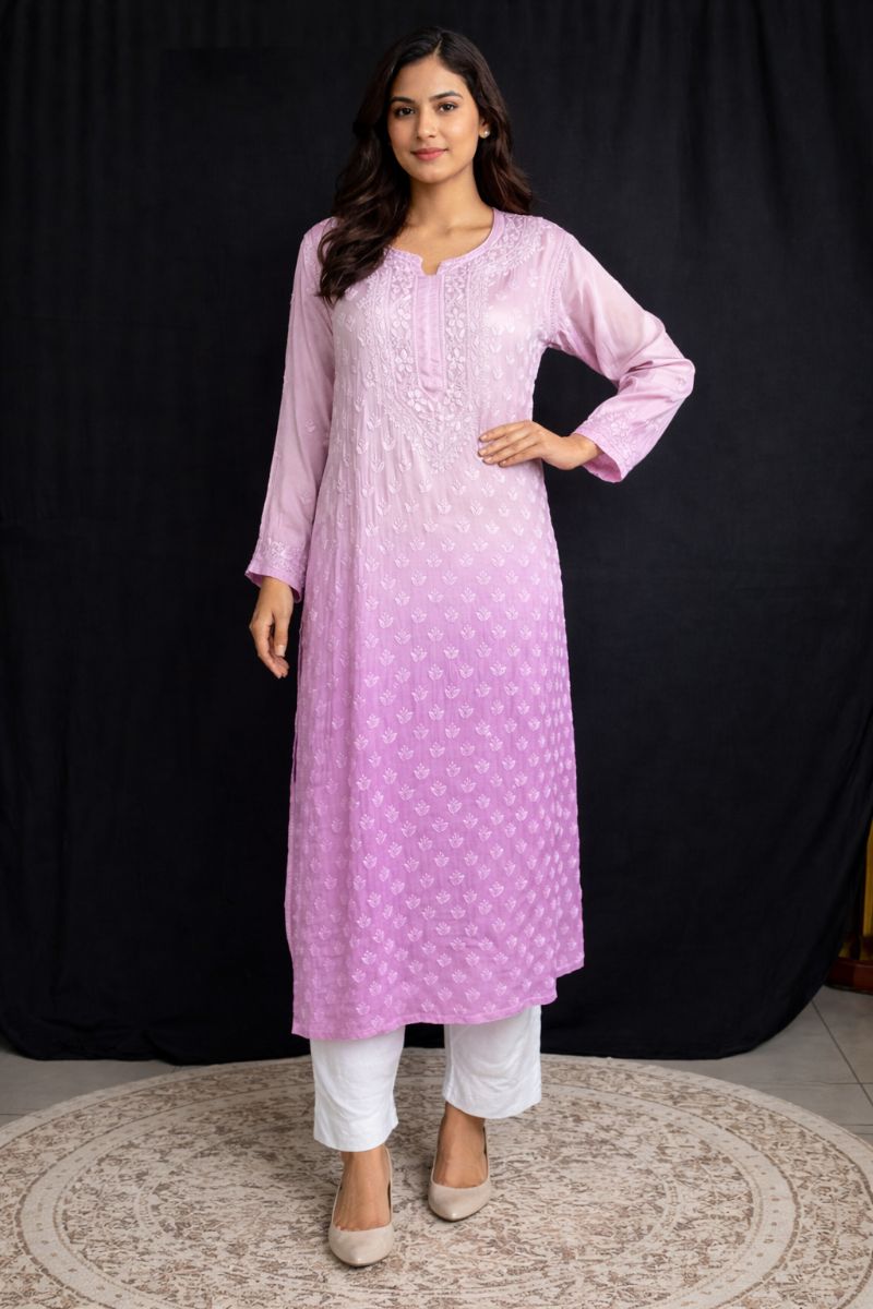 Ombre Pink Modal Silk Chikankari Kurta